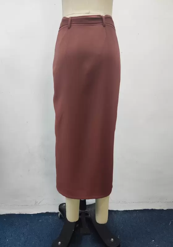 Belted Slit Hem Midi Skirt