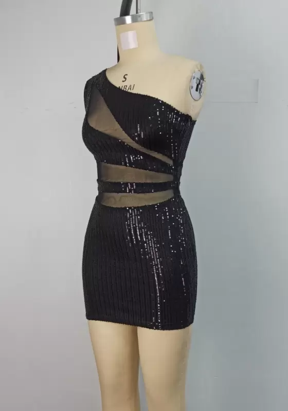 Asymmetric Neck Sequin Sheer Panel Dress