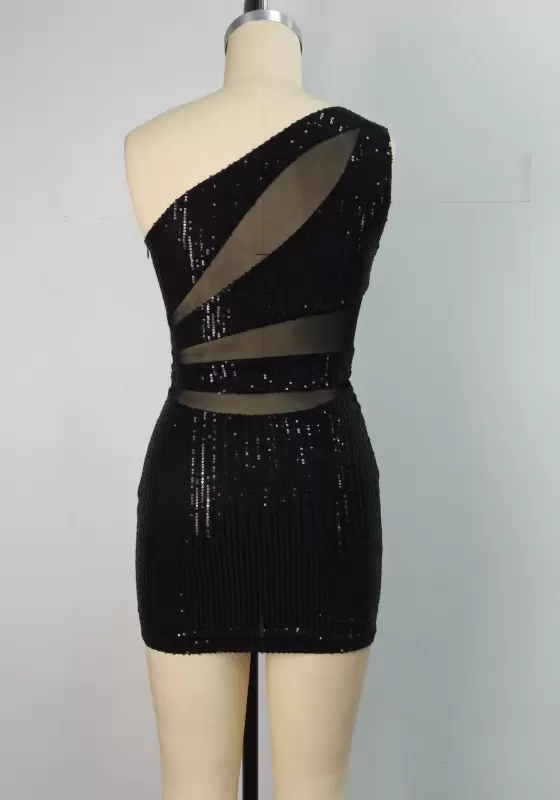 Asymmetric Neck Sequin Sheer Panel Dress