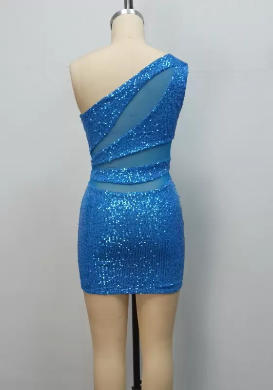 Asymmetric Neck Sequin Sheer Panel Dress