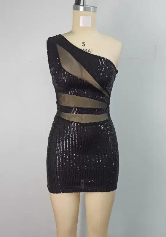 Asymmetric Neck Sequin Sheer Panel Dress