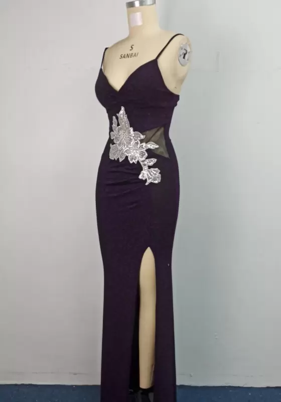 Embroidered Sequin Slit Hem Maxi Dress