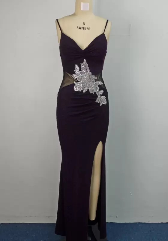 Embroidered Sequin Slit Hem Maxi Dress