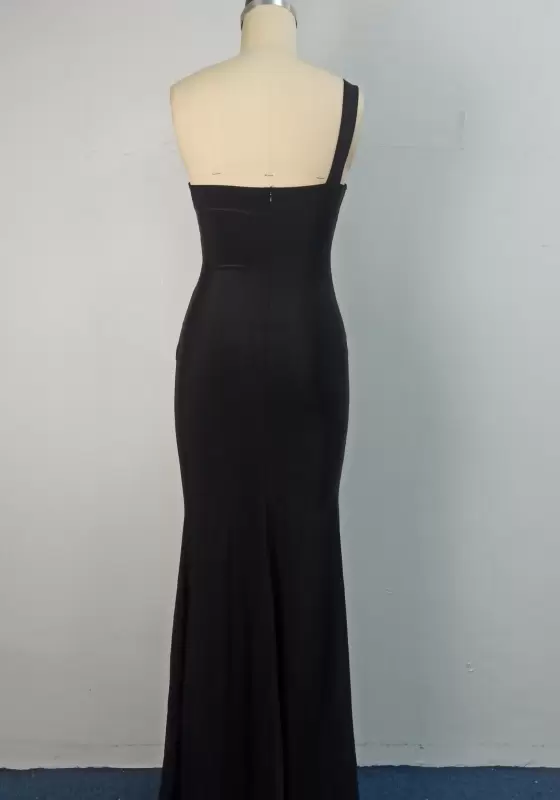 One Shoulder Satin Ruched Maxi Dress