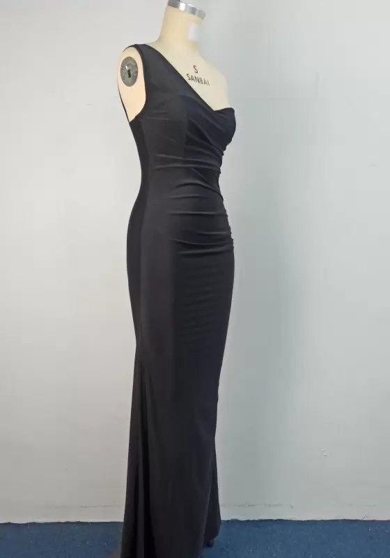 One Shoulder Satin Ruched Maxi Dress