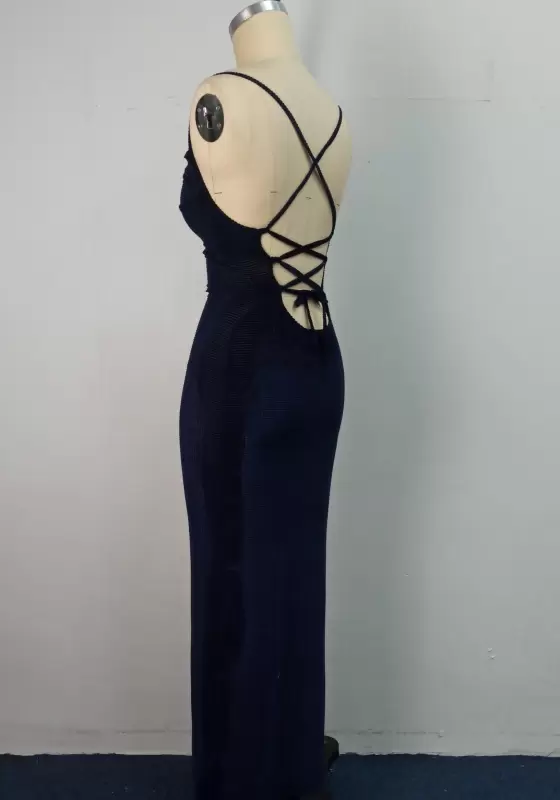 Ribbed Ruched Lace Up Maxi Dress