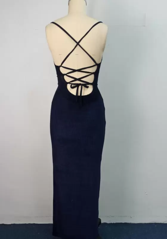 Ribbed Ruched Lace Up Maxi Dress