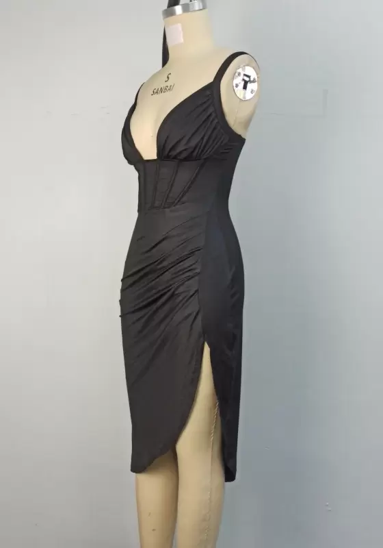 Satin Draped Ruched Slit Midi Dress