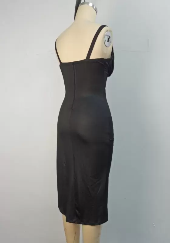 Satin Draped Ruched Slit Midi Dress