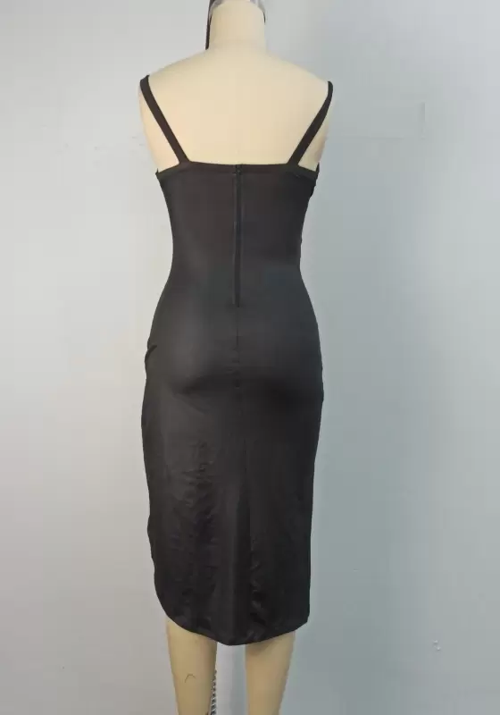 Satin Draped Ruched Slit Midi Dress