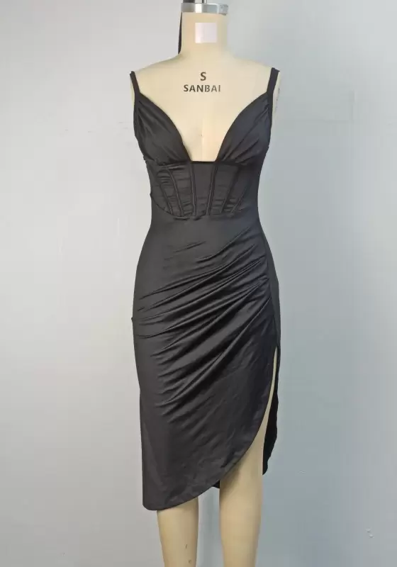 Satin Draped Ruched Slit Midi Dress