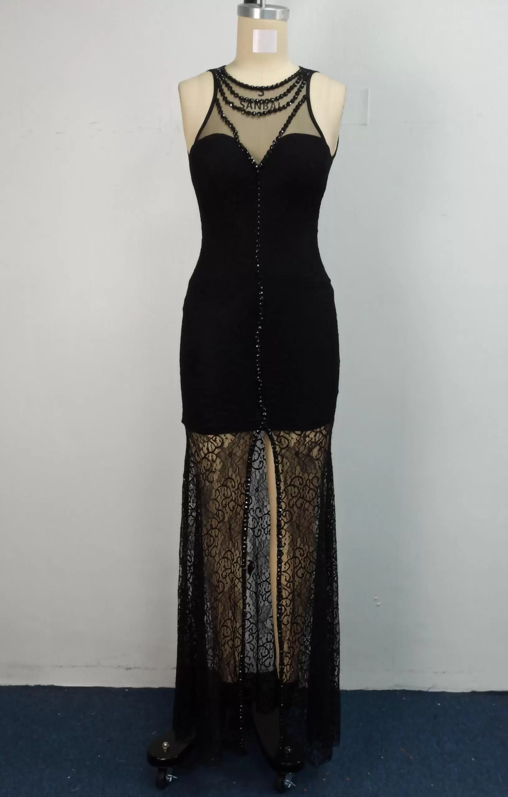 Beaded Lace Slit Maxi Dress