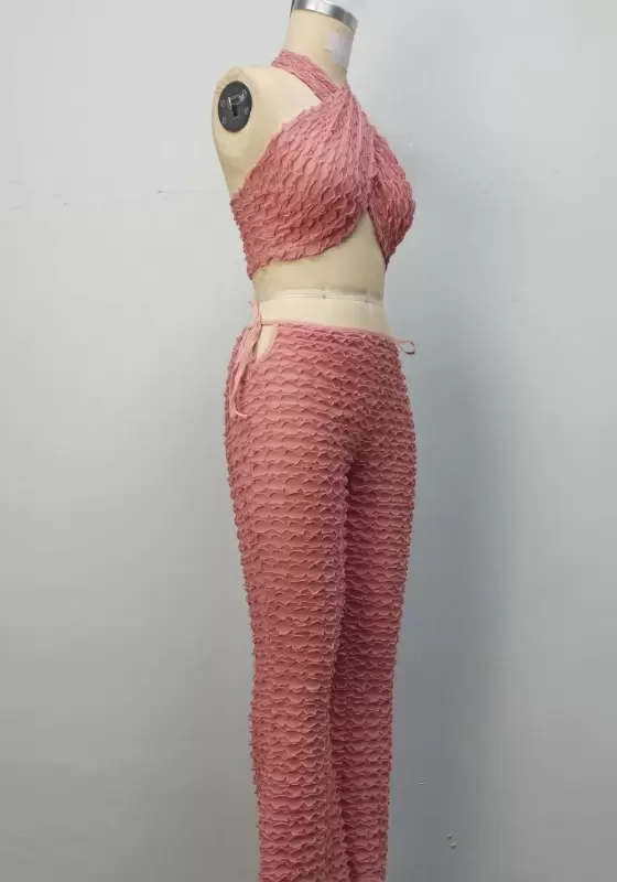 Pleated Halter Wide Leg Pants Set