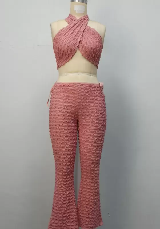 Pleated Halter Wide Leg Pants Set