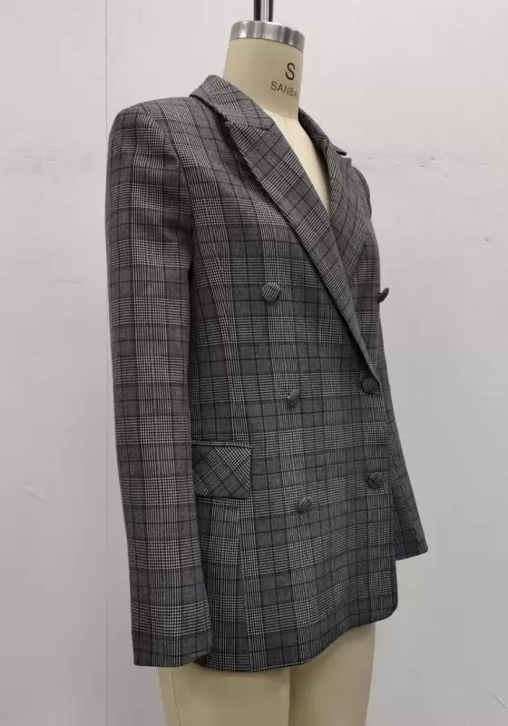 Gray Plaid Double Breasted Suit Jacket​