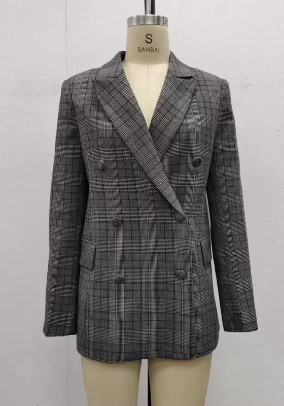 Gray Plaid Double Breasted Suit Jacket​