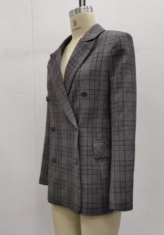 Gray Plaid Double Breasted Suit Jacket​