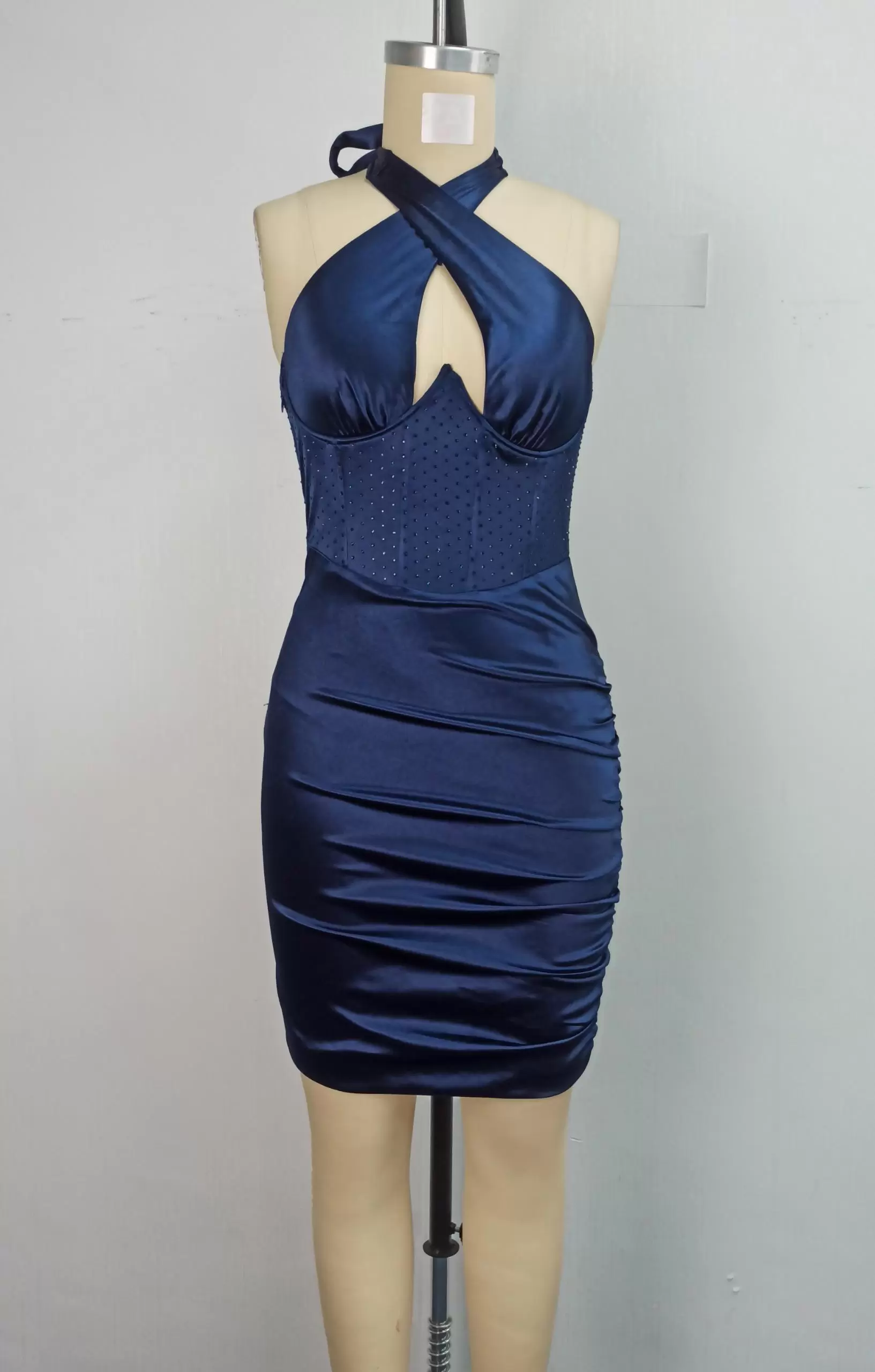 Navy Halter Dress with Crystal Accents​