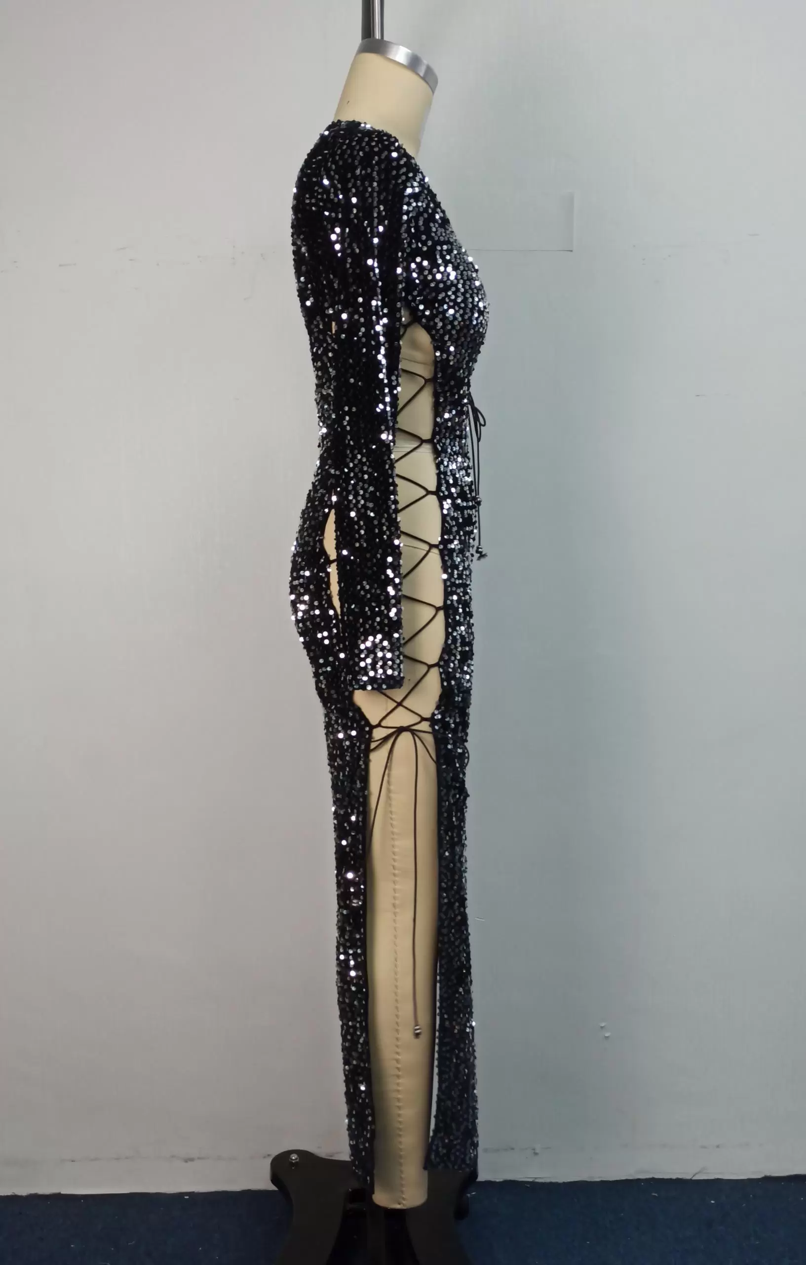 Deep V Sequin Lace Up Evening Gown​ Dress