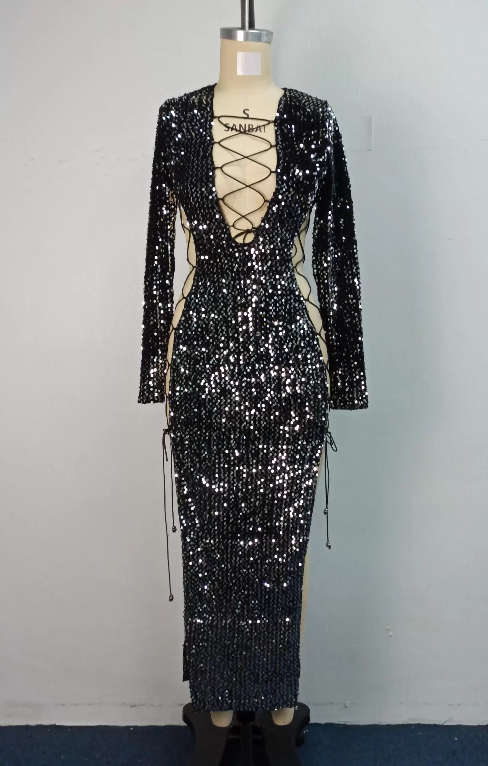 Deep V Sequin Lace Up Evening Gown​ Dress