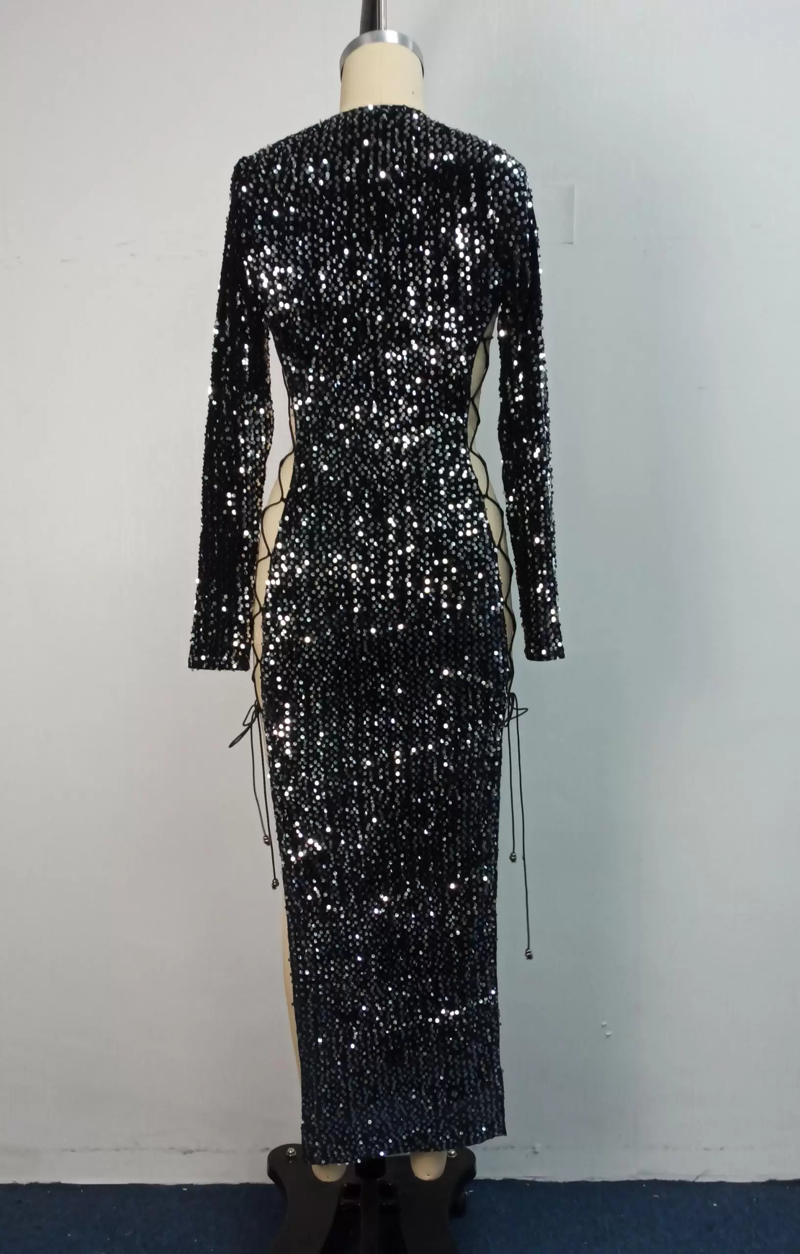 Deep V Sequin Lace Up Evening Gown​ Dress