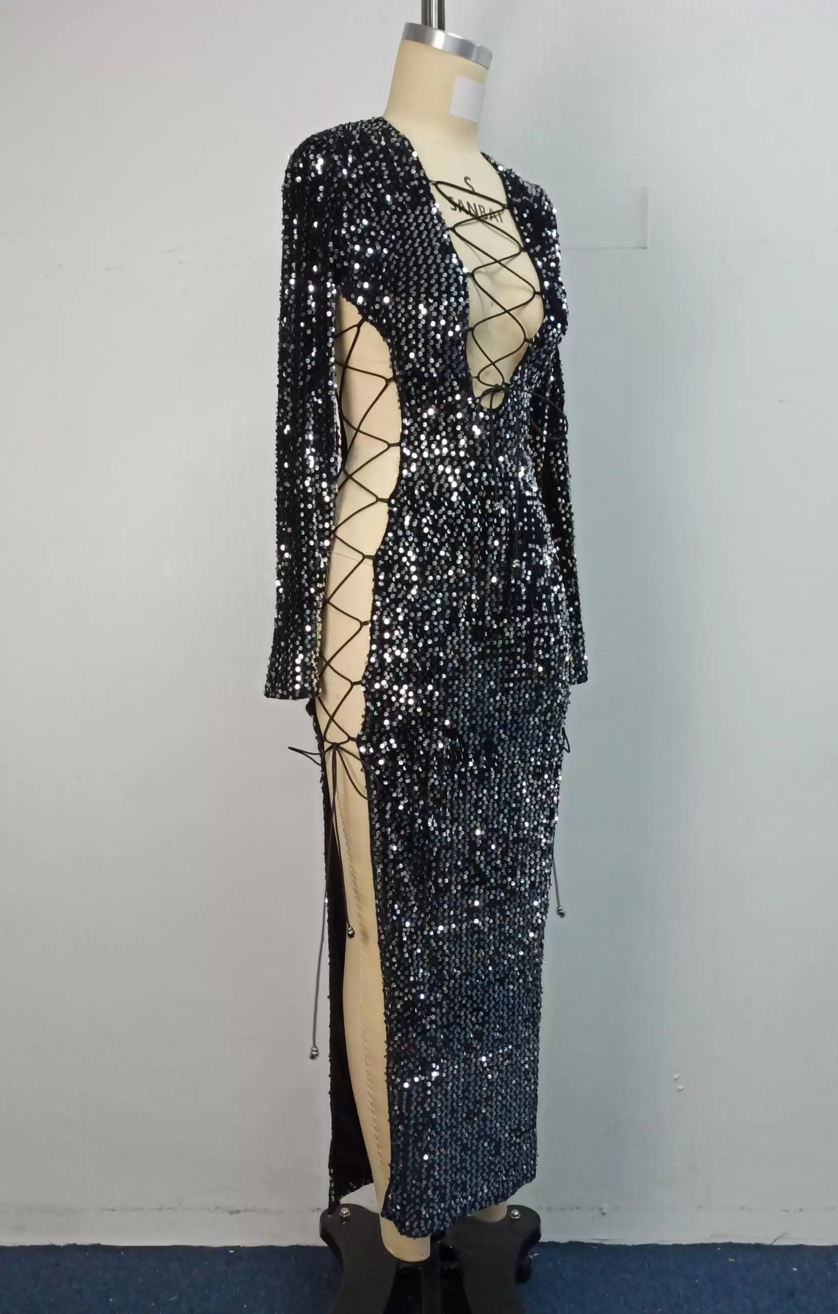 Deep V Sequin Lace Up Evening Gown​ Dress