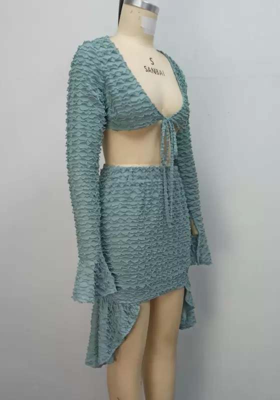 Ruffle Trim Long Sleeve Skirts Set