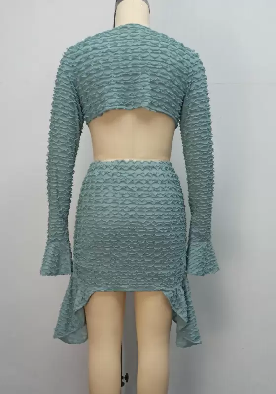 Ruffle Trim Long Sleeve Skirts Set