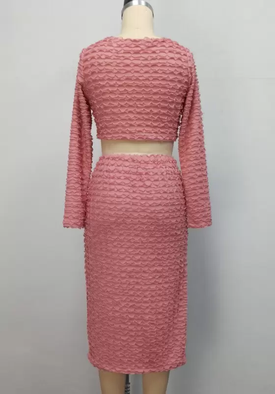 Long Sleeve Textured Pink Skirts Set​