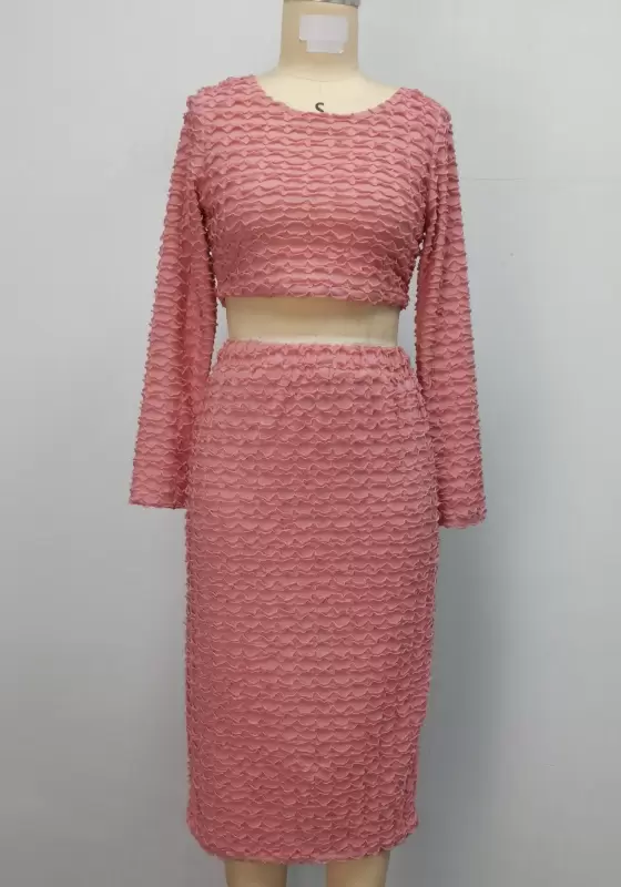 Long Sleeve Textured Pink Skirts Set​