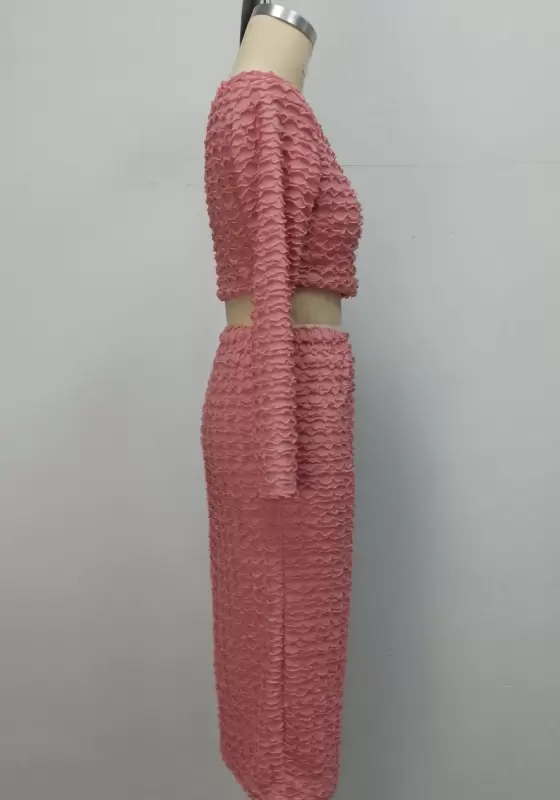 Long Sleeve Textured Pink Skirts Set​