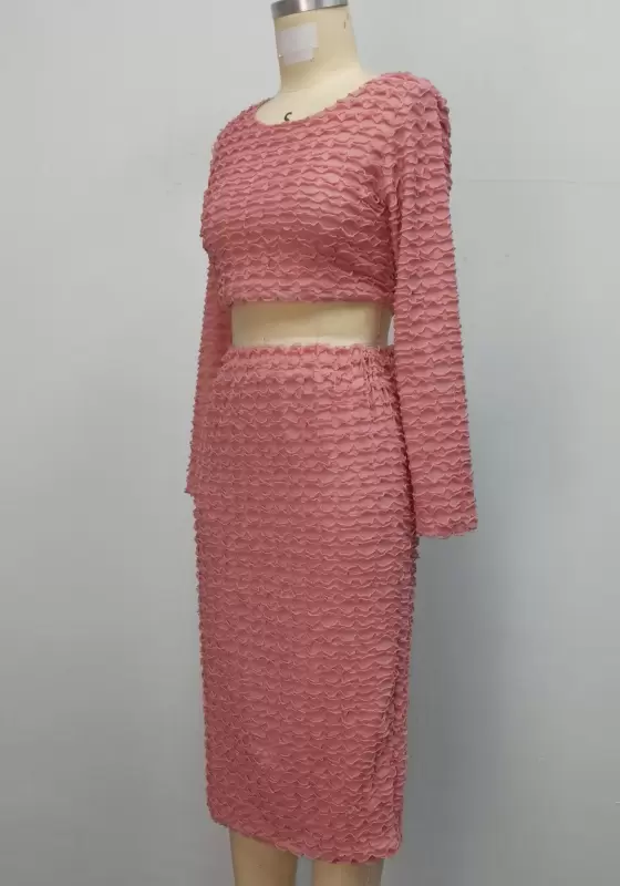Long Sleeve Textured Pink Skirts Set​