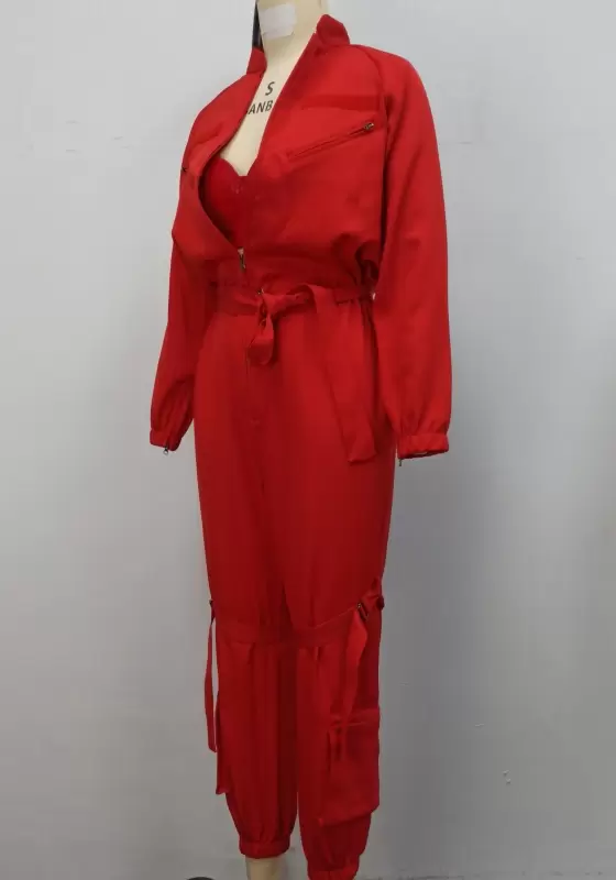 Red Zipper Tie Waist Jumpsuit