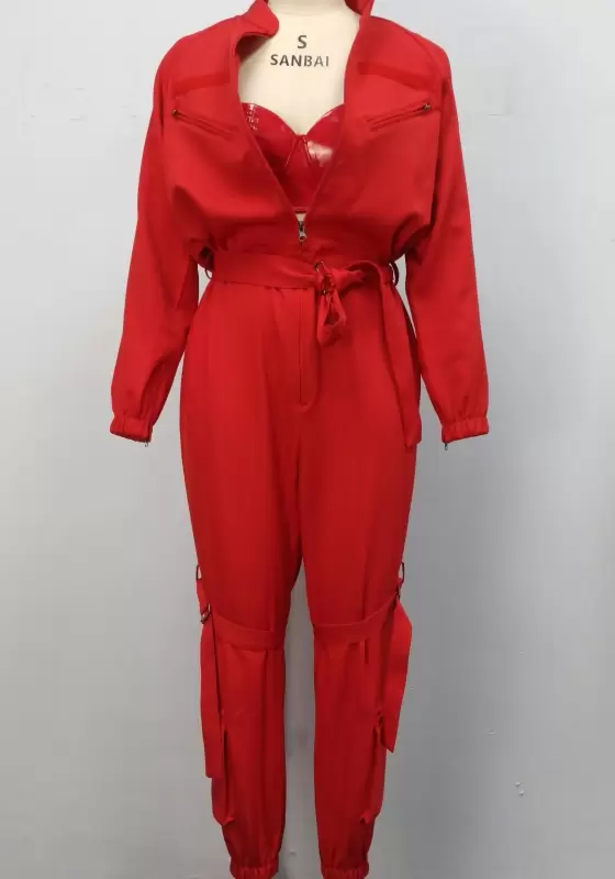 Red Zipper Tie Waist Jumpsuit