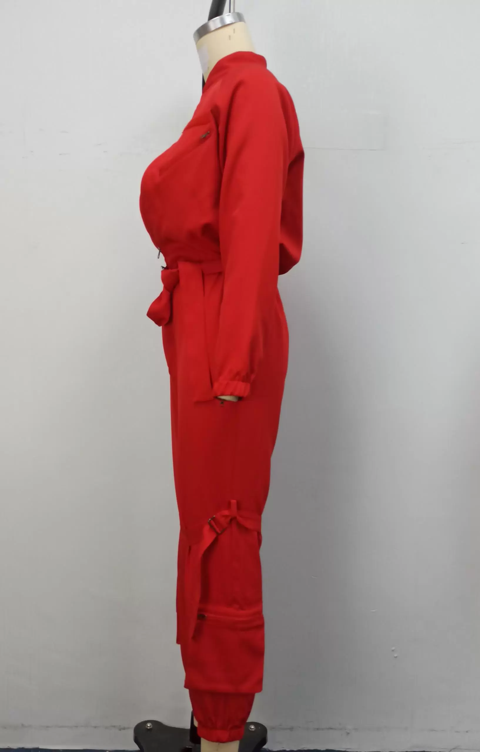Red Zipper Tie Waist Jumpsuit
