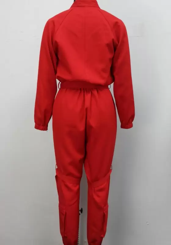 Red Zipper Tie Waist Jumpsuit