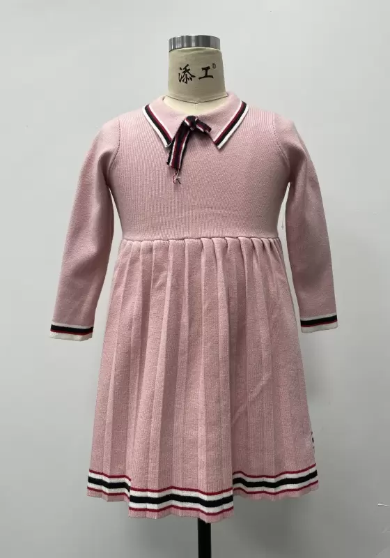 Lapel Tie Knit Pleated Dress