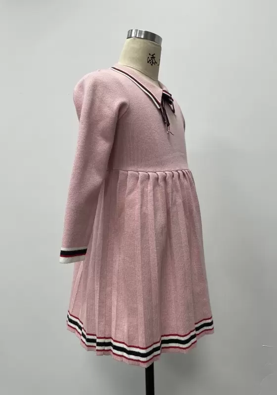 Lapel Tie Knit Pleated Dress