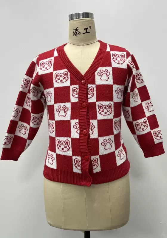 V Neck Buttons Plaid Knit Cardigan