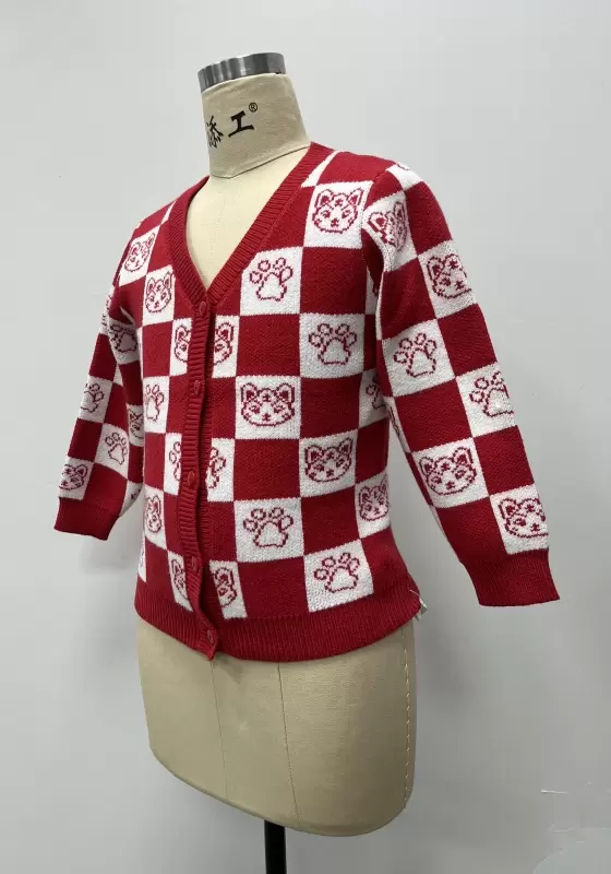 V Neck Buttons Plaid Knit Cardigan