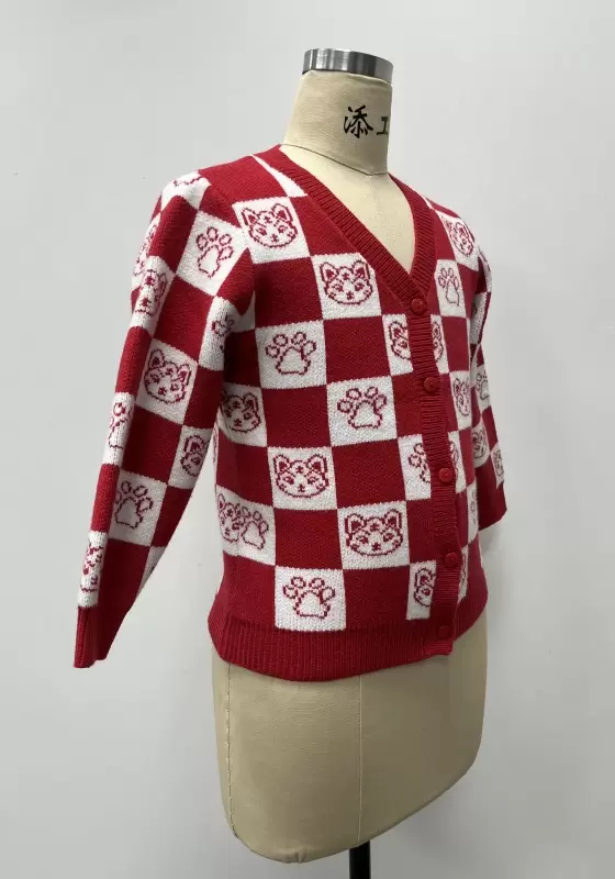 V Neck Buttons Plaid Knit Cardigan