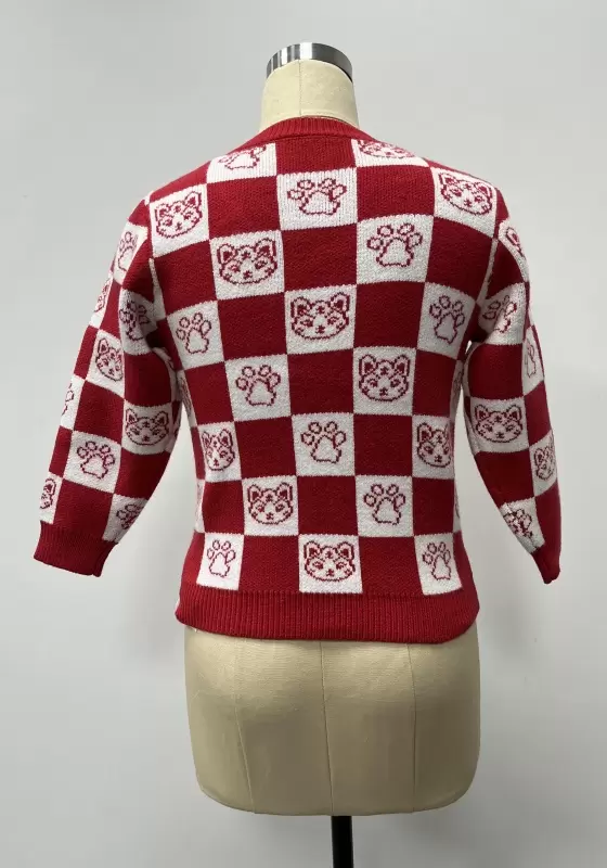 V Neck Buttons Plaid Knit Cardigan