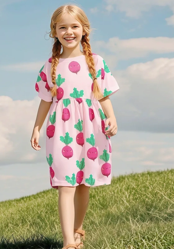 Sweet Radish Print Pleated Dress