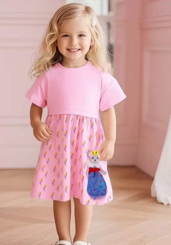 Mouse Applique Pink Print Dress