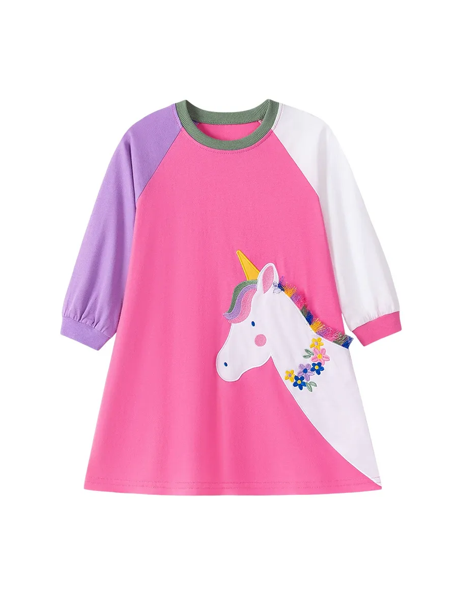 Long Sleeve Multicolor Unicorn Print Dress