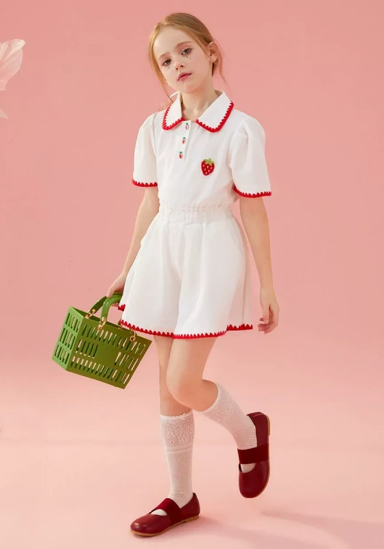 Strawberry Embroidered Red Trim Shorts Set 