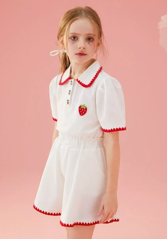 Strawberry Embroidered Red Trim Shorts Set 