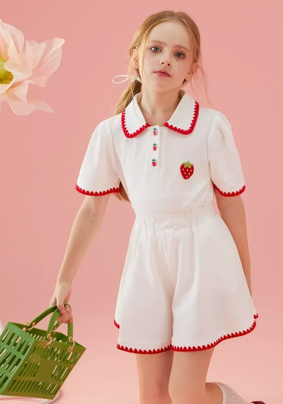 Strawberry Embroidered Red Trim Shorts Set 