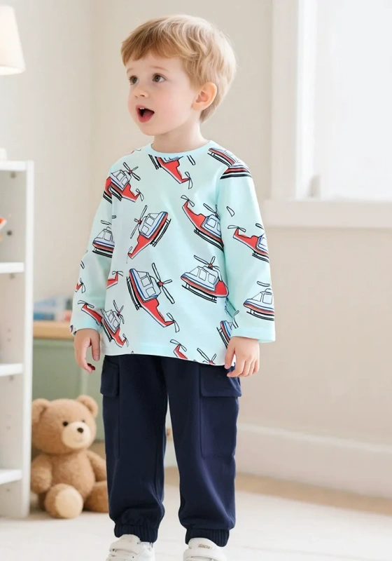 Helicopter Print Long Sleeve Cargo Pants Set