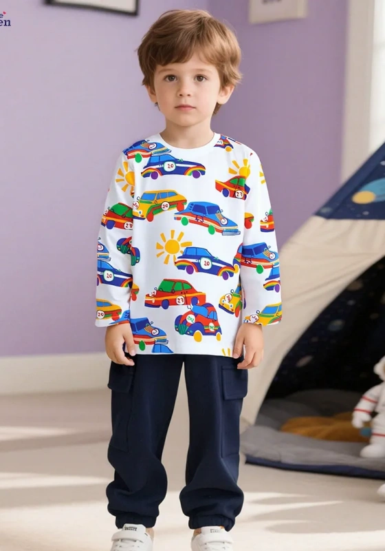 Car Patterned Long Sleeve Cargo Pants Set